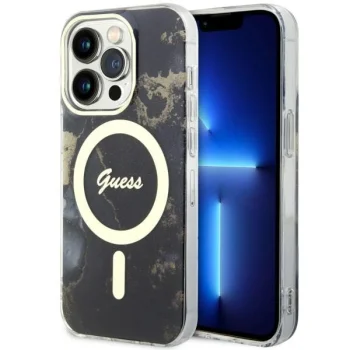 Guess iPhone 14 Pro Max Case Golden Marble MagSafe, Black