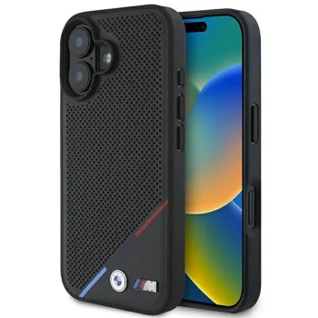 BMW iPhone 16 Plus Case M Perforated Tricolor Line MagSafe, Black