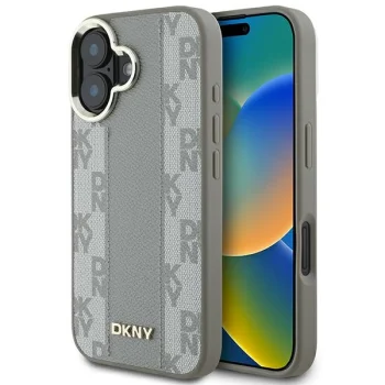 DKNY iPhone 16 Case Leather Checkered Mono Pattern MagSafe, Beige