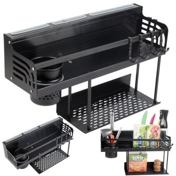 Wall Mounted Kitchen Organizer Shelf with Utensil Holder, Metal Spice Rack, Black