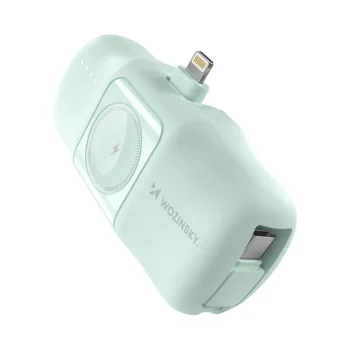 Wozinsky WF16-YLS 5000mAh 15W Lightning Mini Power Bank with Built-in USB-C Cable and Apple Watch Charger - Green