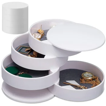 Round Jewelry Organizer Box with 4 Rotating Sections, White