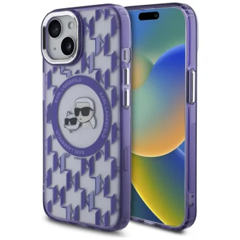 Karl Lagerfeld iPhone 15 Case IML Monogram Karl & Choupette MagSafe, Purple