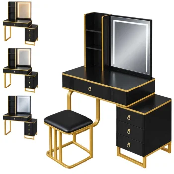 Dressing Table with LED Mirror, Cabinet and Stool, Black and Gold