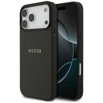 Guess Grained Gold Ring MagSafe Case for iPhone 18 Pro Max / 17 Pro Max, Black