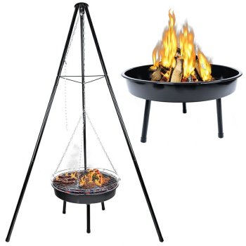 Garden tripod grill with fire pit, hanging, steel construction