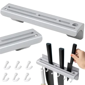 Wall-Mounted Knife and Kitchen Utensil Holder with 6 Hooks