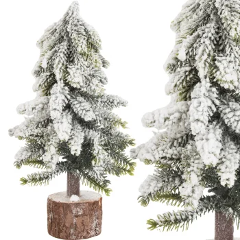 Small Artificial Christmas Tree with Snow on Wooden Base, 26 cm, Green