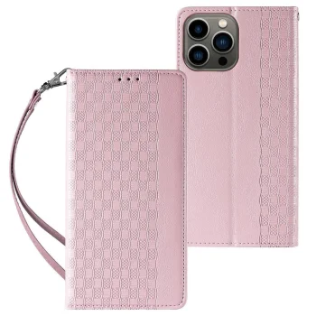 Magnet Strap Case for iPhone 14 Pro Max Flip Wallet with Lanyard, Pink