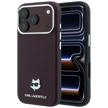 Karl Lagerfeld Grained Choupette Head Metal MagSafe Case for iPhone 17 Pro / 18 Pro Burgundy