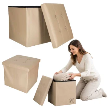 Folding Storage Ottoman Faux Leather Pouf Seat, 38 x 38 x 36 cm, Beige