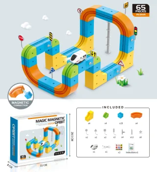 Magnetic Construction Set and Race Track, 65 Pieces