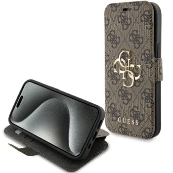 Apple iPhone 15 6.1" Guess 4G Metal Logo Book Case Cover, Brown