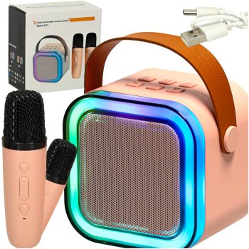 Karaoke Machine with 2 Wireless Microphones, Portable Bluetooth Speaker, LED, 6W, Pink