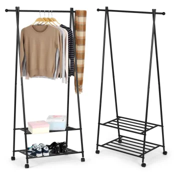 Garment Rack on Wheels with 2 Shelves ModernHome Heavy Duty Clothes Rack, Black