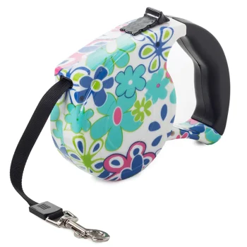 Retractable Dog Leash with Lock, 5m, up to 15kg, White with Flowers