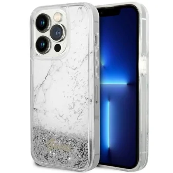 Guess iPhone 14 Pro Case Liquid Glitter Marble, White