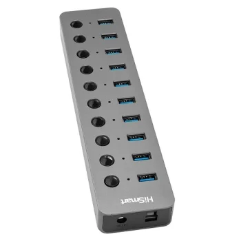 10-Port USB 3.0 Hub with Individual Switches and Power Adapter, Dark Gray
