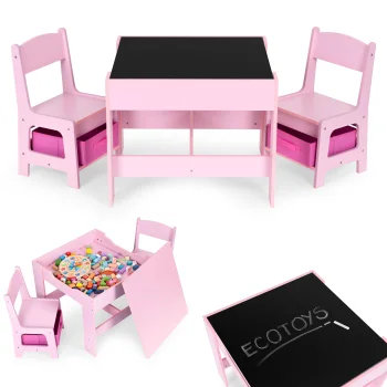 ECOTOYS Kids Table and 2 Chair Set with Chalkboard Top and Storage, Pink