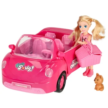 Pink Doll Convertible Car with Doll, Dog and Picnic Basket, 4 pcs