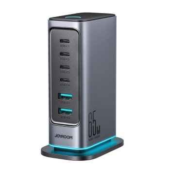 Joyroom JR-TCM02 GaN 65W charger charging station 4xUSB-C 2xUSB-A UK plug - gray