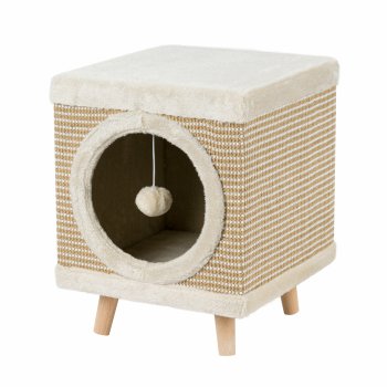 Cat House with Sisal Scratching Post and Plush Toy, Beige
