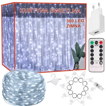 Indoor 300 LED Curtain String Lights with Remote, Cool White, 3x2.9m