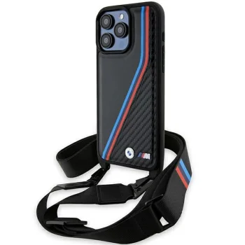 BMW iPhone 15 Pro Case M Edition Carbon Tricolor Lines & Strap, Black