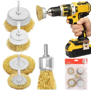 Brass Coated Wire Brush Set for Drill and Screwdriver, 5 Pieces