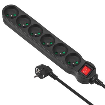 Maclean MCE225 Power Strip, 6 Outlets, with Switch, 1.5m, 2300W, Black