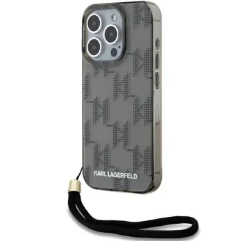 Karl Lagerfeld iPhone 15 Pro Case IML Mono KL Pattern & Cord, Black