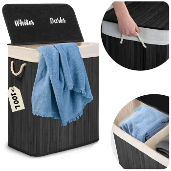 Massido Bamboo Laundry Basket with Lid, 2 Compartments, 100 L