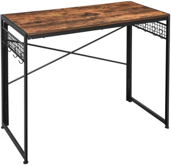 Computer desk with metal frame and wooden top, rustic brown