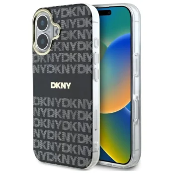 DKNY Repeat Texture Pattern With Stripe dėklas iPhone 16 su MagSafe, juodas