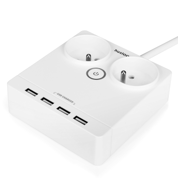 Huslog Flat Power Strip with USB EMX-190124, 2 Outlets 4 USB Ports, 5ft Cord, white