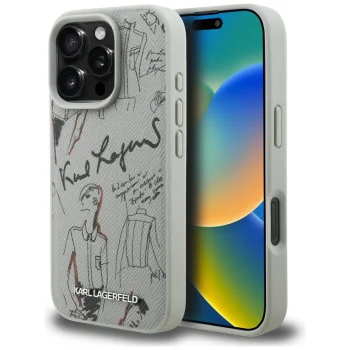 Karl Lagerfeld Grained Pattern & Logo MagSafe Case for iPhone 16 Pro Max - Gray