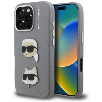 Karl Lagerfeld FW Grained Karl & Choupette Heads Pins Case for iPhone 16 Pro Max, Gray