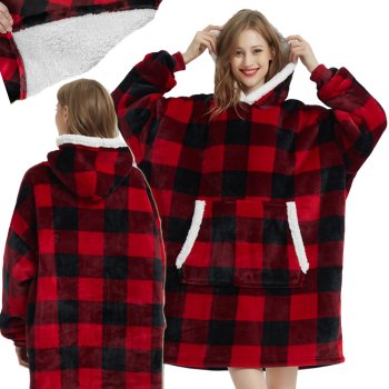 Silts oversize džemperis-sega ar kapuci un kabatu, sarkans rūtains