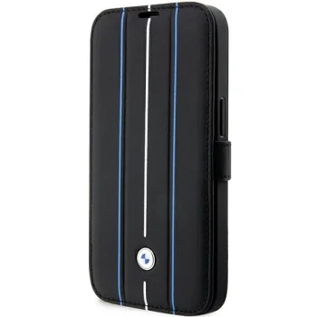 BMW Leather Stamp Blue Lines Bookcase for iPhone 14 Pro, Black