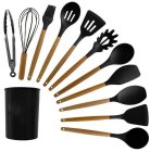 Kitchen Utensil Set, 12 Pieces, Wood and Silicone, Black-Brown