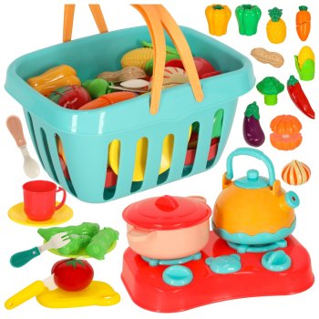 Cutting Vegetables and Fruits with Kitchen Accessories and Shopping Basket, 28 pcs