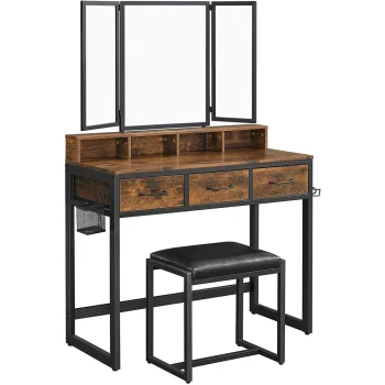 Rustic Dressing Table with Tri-Fold Mirror and Stool