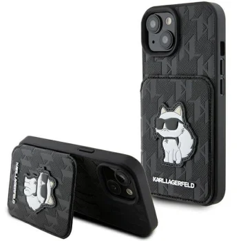 Apple iPhone 15 6.1" Karl Lagerfeld Saffiano Cardslots and Stand Monogram Choupette Case Cover, Black