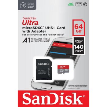 SanDisk Ultra 64GB microSDXC Memory Card 140MBps A1 Class 10, black, grey, red
