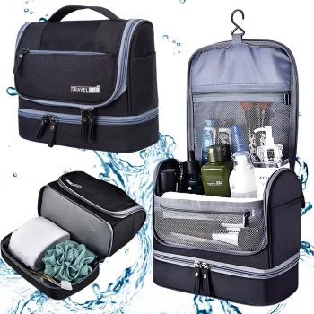 Large Waterproof Travel Toiletry Bag with Hook, Black