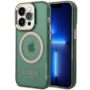 Guess Gold Outline Translucent MagSafe Case for iPhone 14 Pro Green