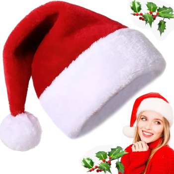 Fluffy Plush Santa Hat with Pom Pom, Red