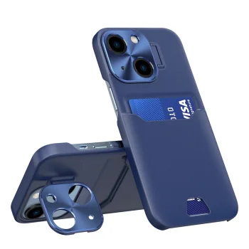 Dėklas iPhone 14 su stovu ir kortelių kišene Hurtel Leather Stand Case, mėlynas