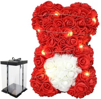 Rose Bear with Heart and LED Lights, 23 cm, Red and White