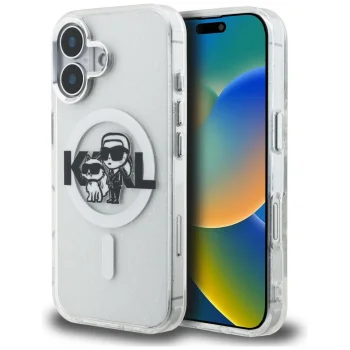 Karl Lagerfeld IML Glitter Karl & Choupette Sketch Logo MagSafe dėklas iPhone 16, skaidrus